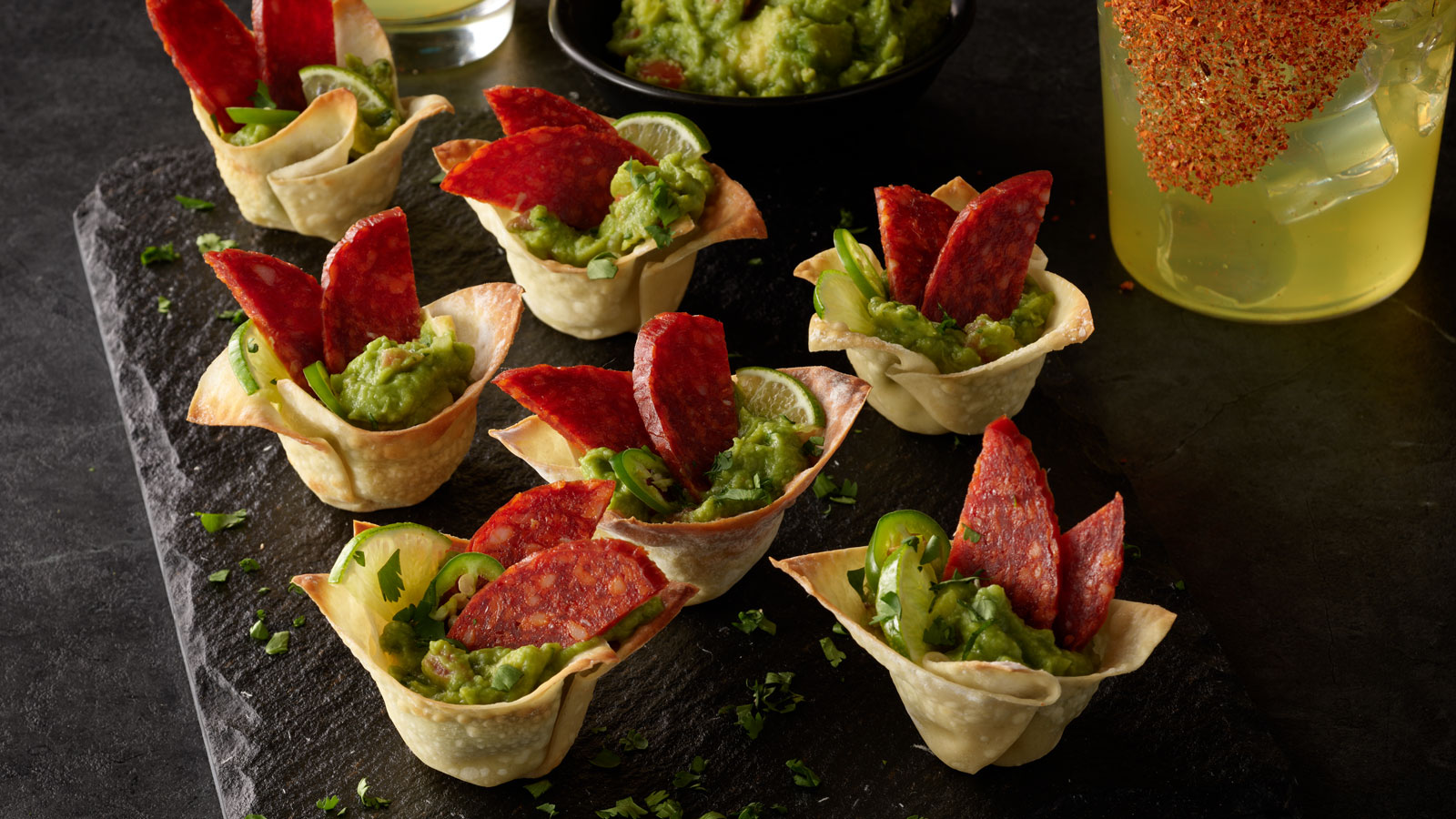 Chorizo Guacamole Wonton Cups