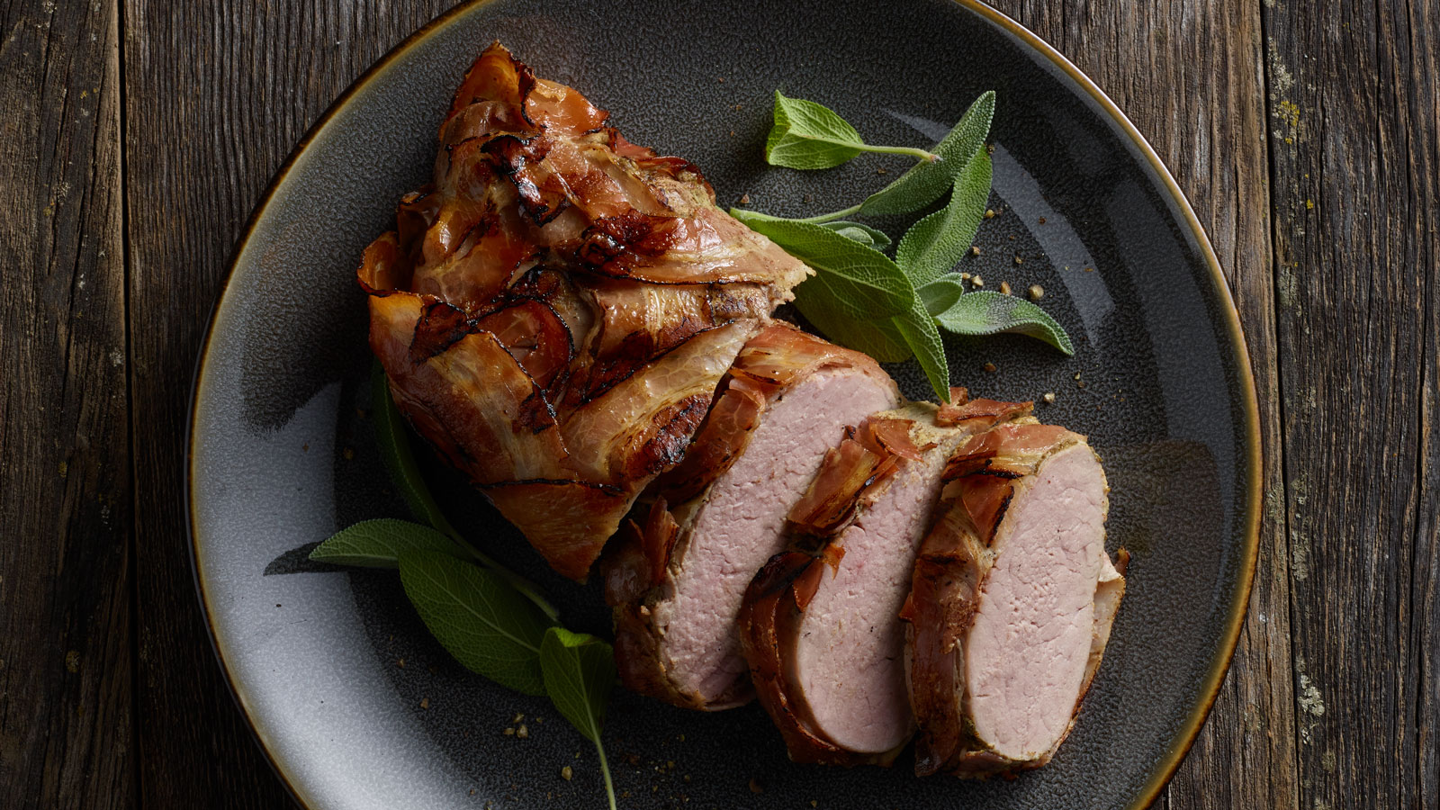Pancetta-Wrapped Pork Tenderloin with Mustard and Sage