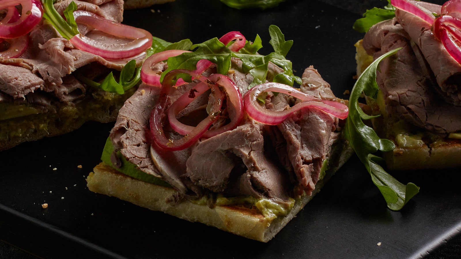 Roast Beef, Avocado & Marinated Onion Sandwich with Pesto Mayo