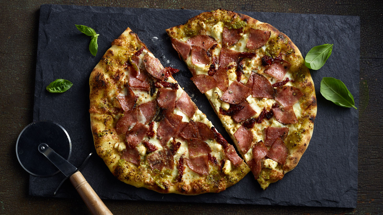 Salami, Pesto and Sun-dried Tomato Pizza