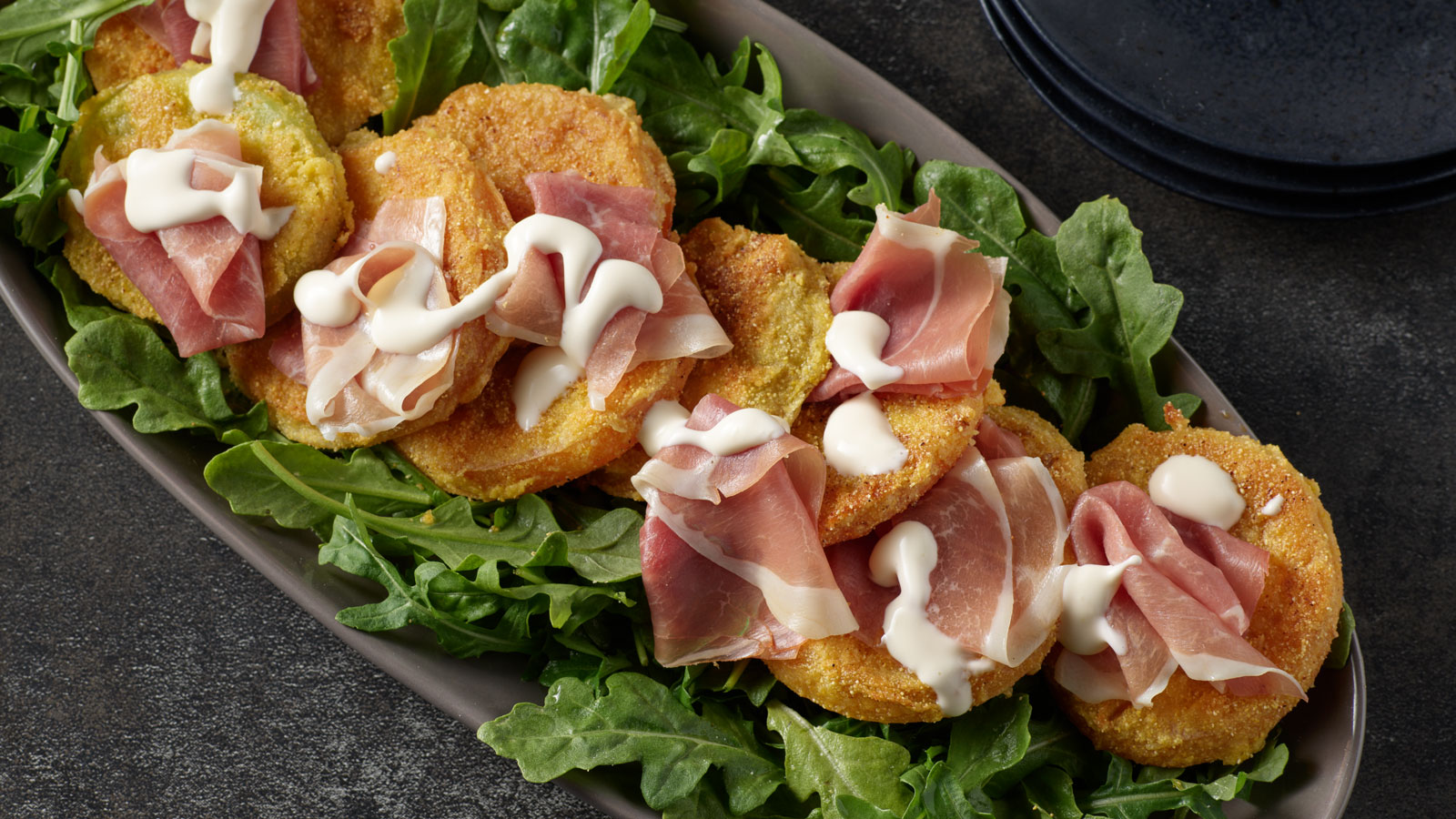 Fried Green Tomatoes with Prosciutto and Lemon Aioli