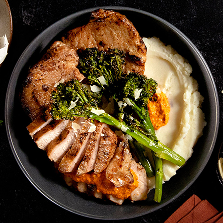 Web_445_Pork-Chops-topped-with-Cashew-Romesco-Sauce-Truffle-Mash-and-Broccolini